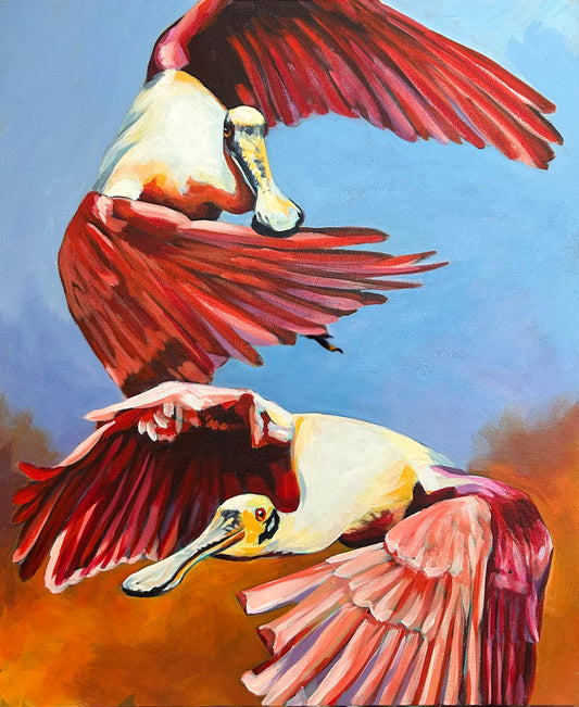 SPOONBILLS IN FLIGHT