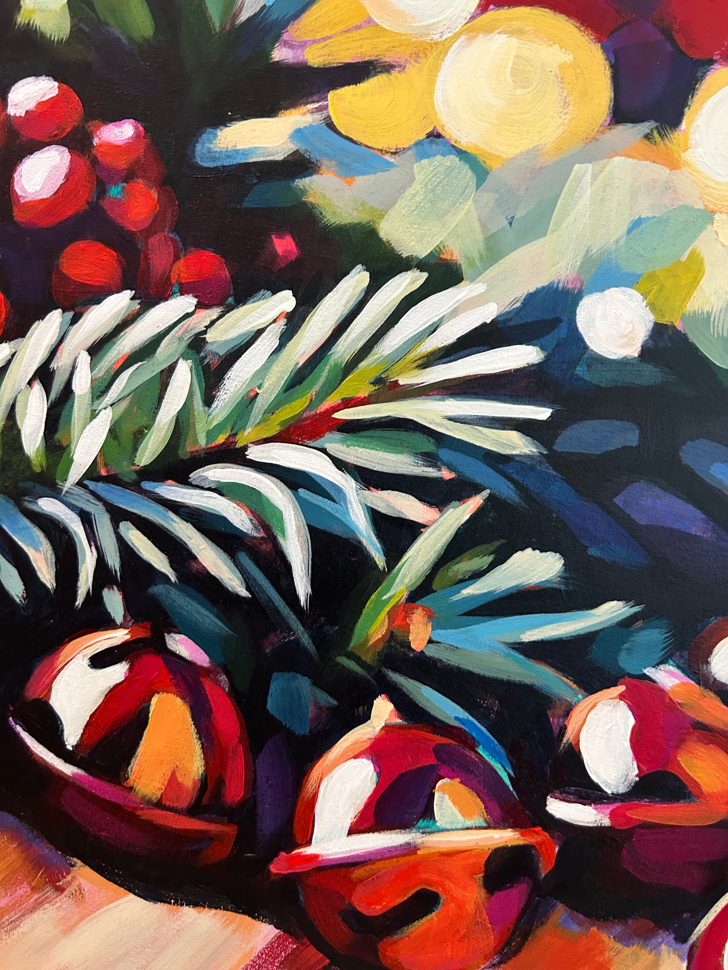 JINGLE BELLS | Original acrylic painting on cradle wood canvas | 12”x 12” | Impressionistic | Finished Edges