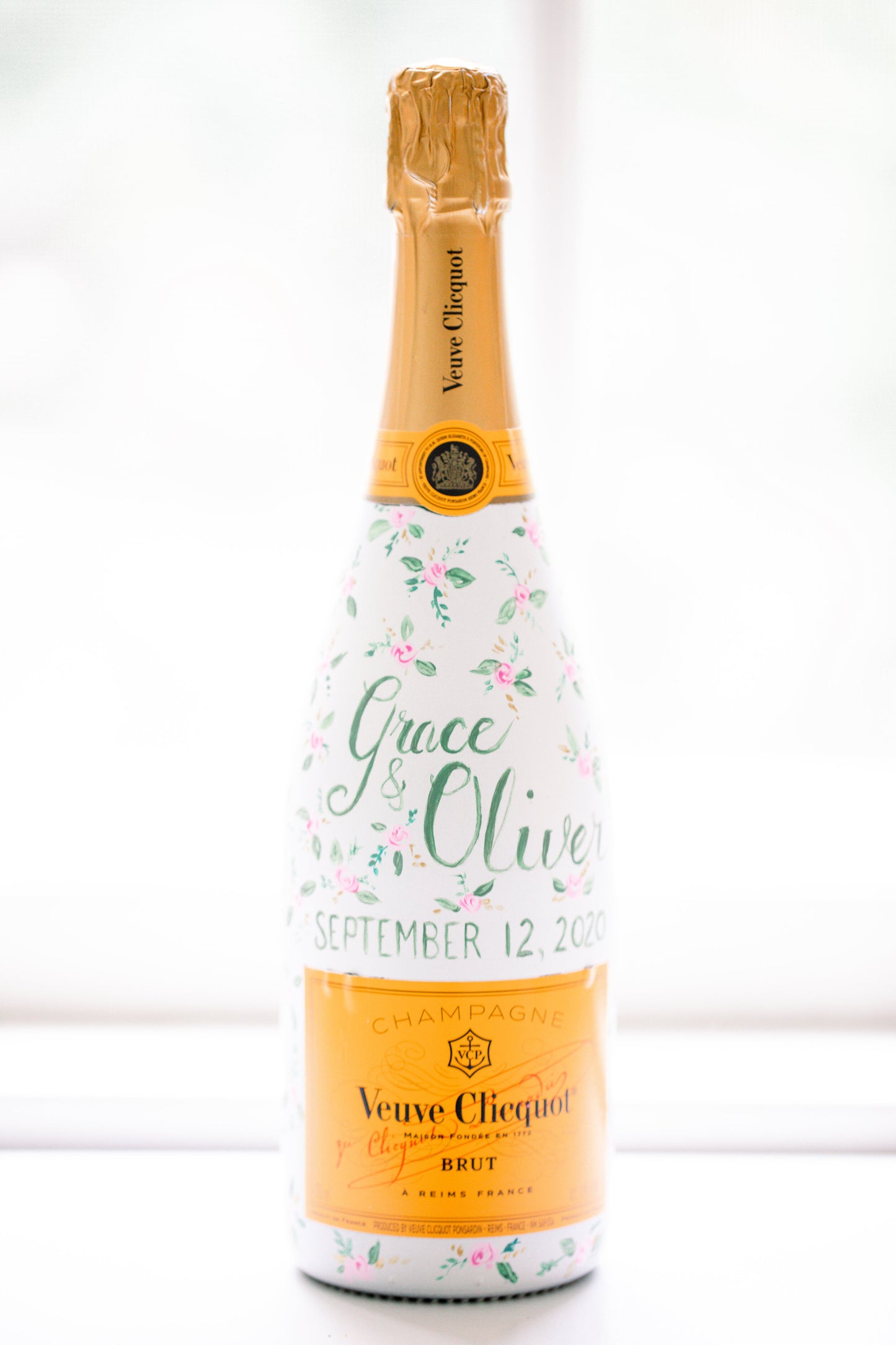 Script Names & Date with Small Floral Design Custom Bottle
