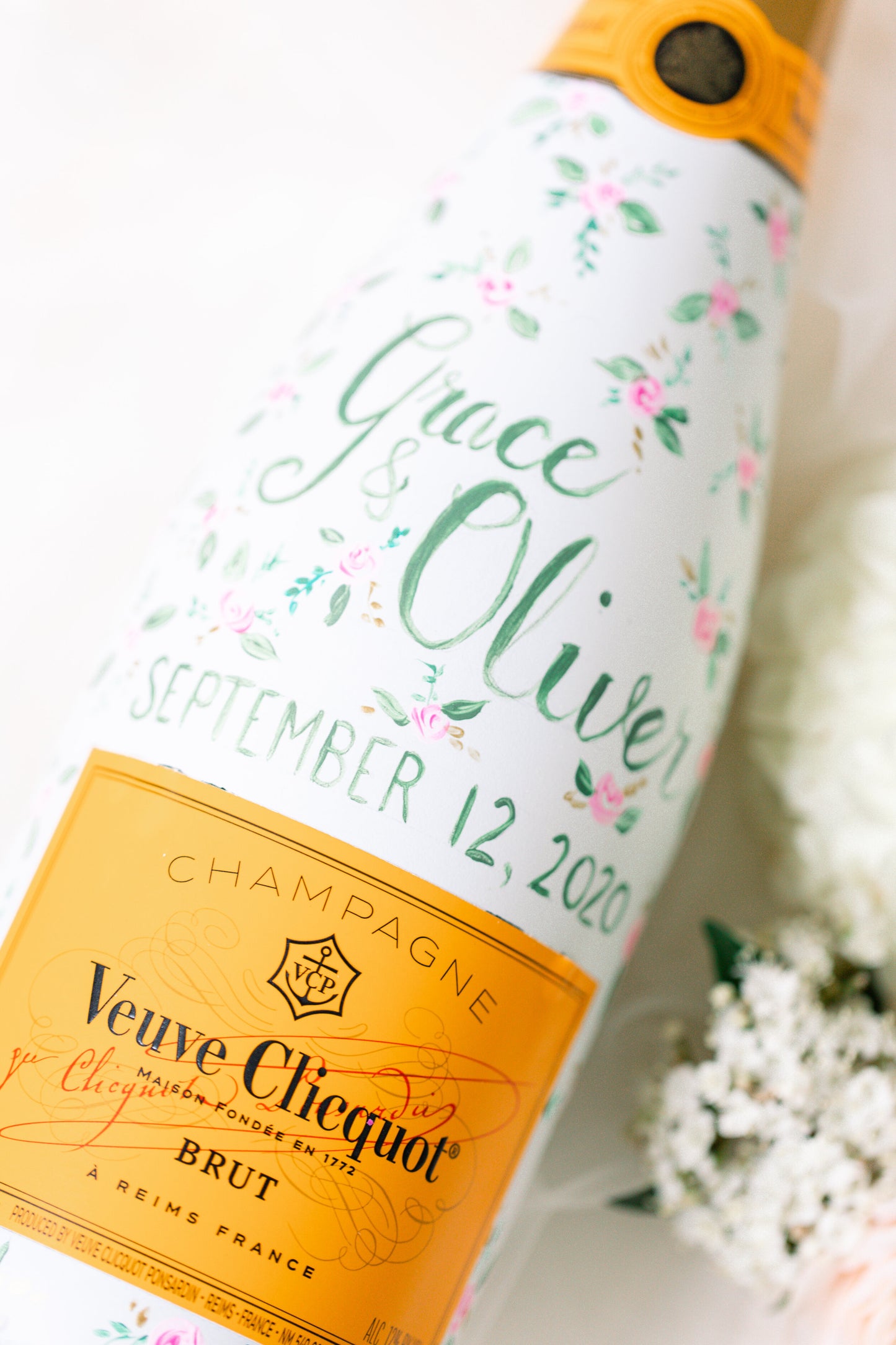 Script Names & Date with Small Floral Design Custom Bottle