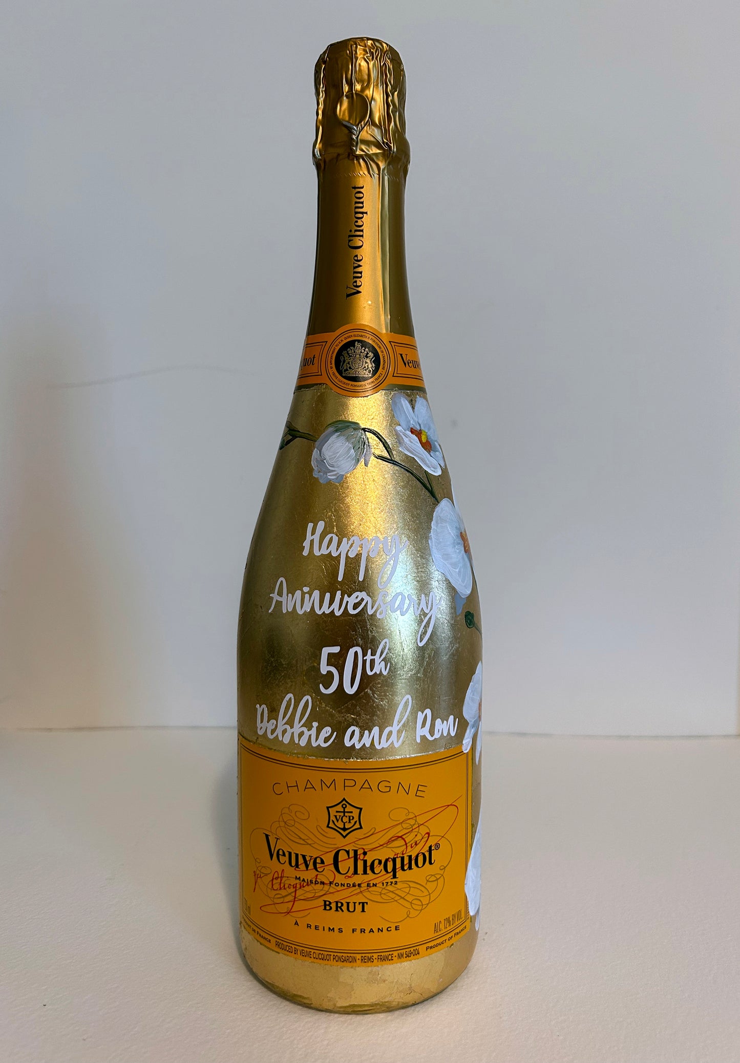 Gold Leaf Floral Hand Painted Champagne Bottle