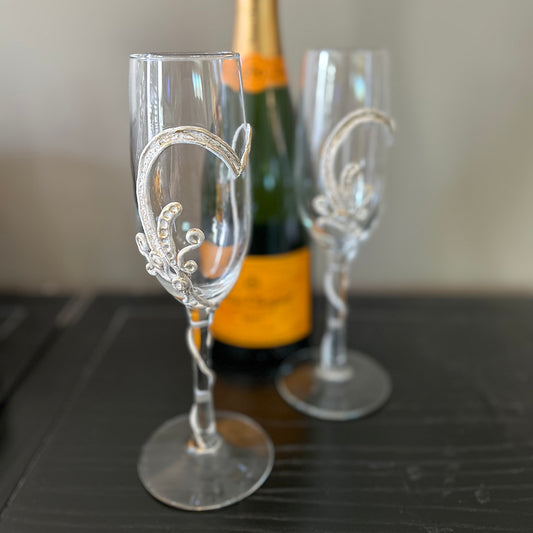 Hand Crafted Champagne Flute Set of Two | Wedding Gift | Bridal Shower | Groom Bride