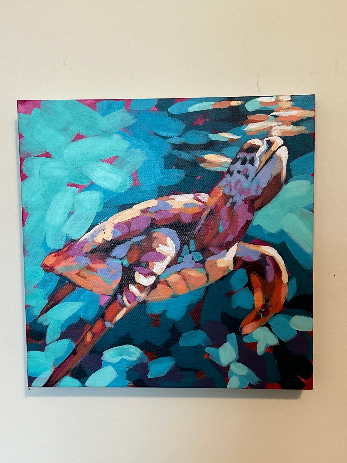 SEA TURTLE, Impressionistic Acrylic 12x12x1.5" Stretched Canvas