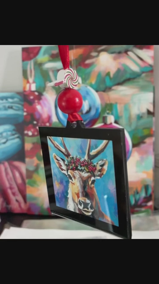 TWO SIDED ORNAMENT / SANTA AND HIS REINDEER / 2.75X2.75" DECORATED WITH RIBBON AND BEADS. IMAGE FROM ORIGINAL ACRYLIC PAINTING