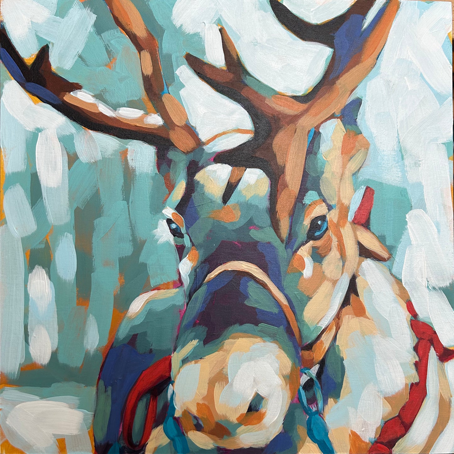 REINDEER | Original acrylic painting on cradle wood canvas | 12”x 12” | Impressionistic | Finished Edges |