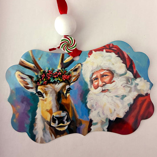 UP ON THE ROOF TOP ORNAMENT / SANTA AND HIS REINDEER / 3X4" DECORATED WITH RIBBON AND BEADS. IMAGE FROM ORIGINAL ACRYLIC PAINTING